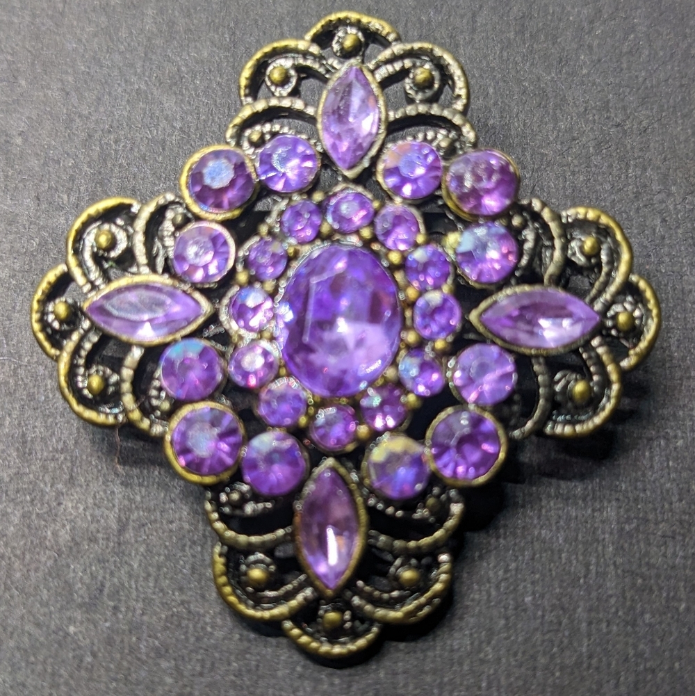 Gothic-inspired Brooch Pin, Purple Faceted "Stones", Antiqued Gold-tone Setting